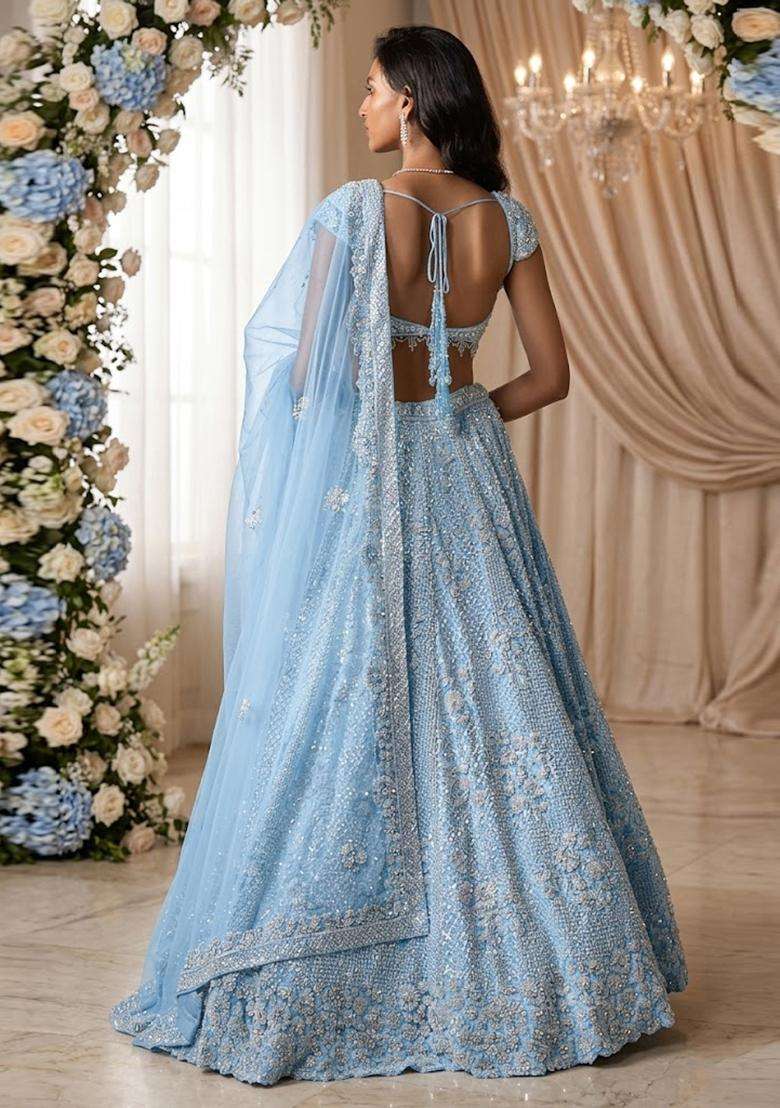 Ice Blue Embroidered Bridal Lehenga Set - Indya