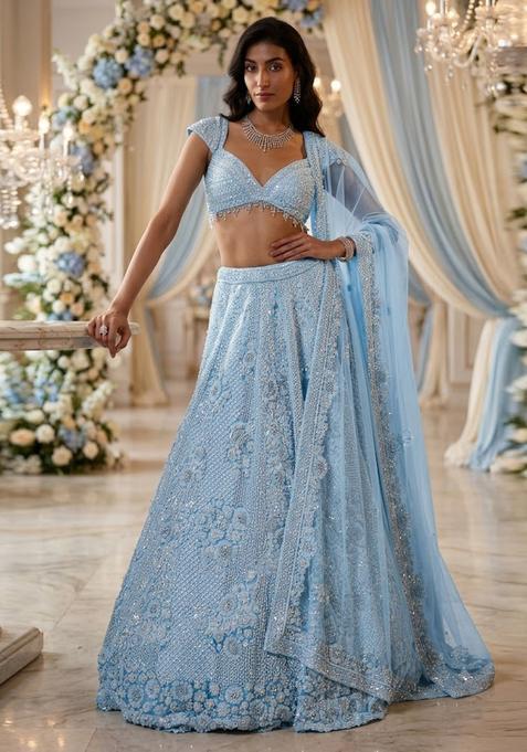 Ice Blue Embroidered Bridal Lehenga Set — view on Indya