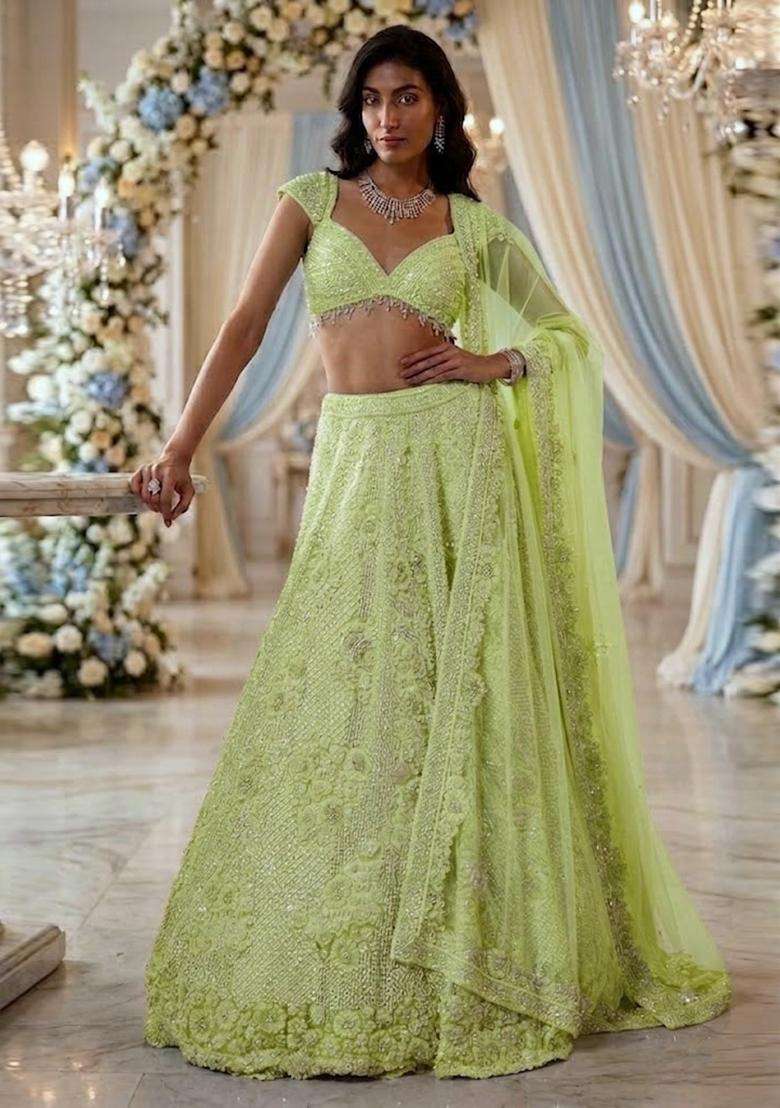 Mint Green Embroidered Bridal Lehenga Set - Indya