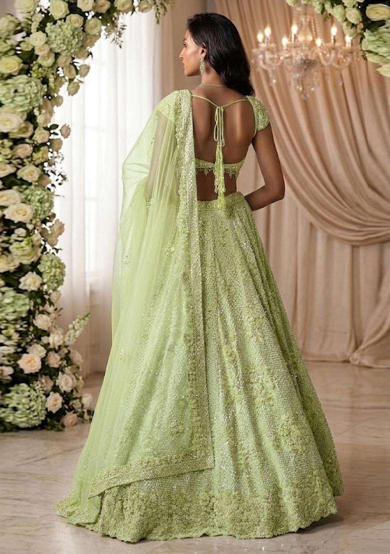 Mint Green Embroidered Bridal Lehenga Set - Indya