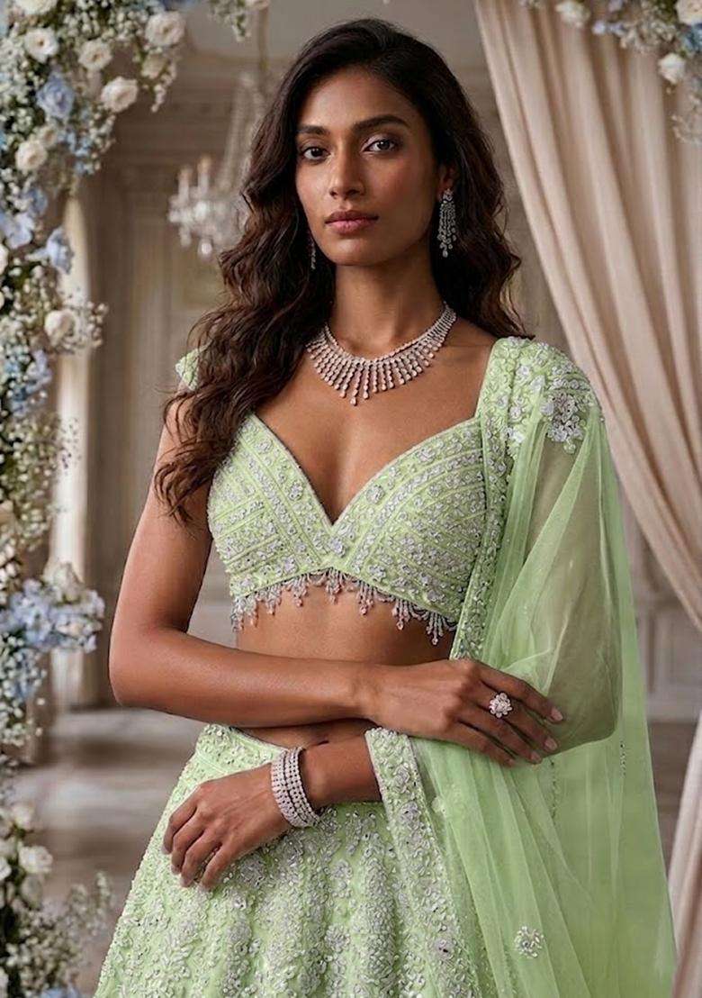 Mint Green Embroidered Bridal Lehenga Set - Indya