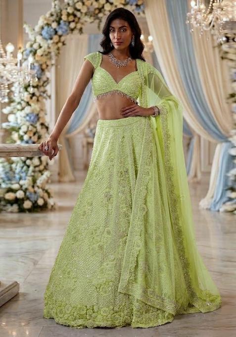 Mint Green Embroidered Bridal Lehenga Set — view on Indya