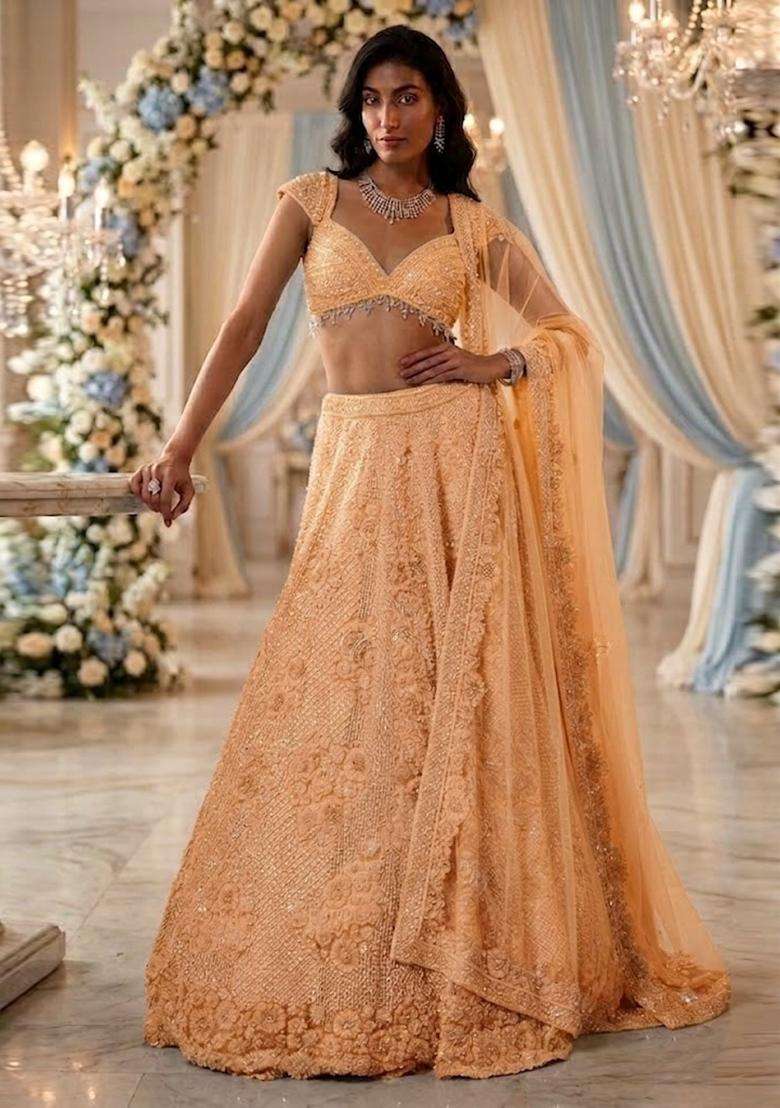 Peach  Embroidered Bridal Lehenga Set - Indya