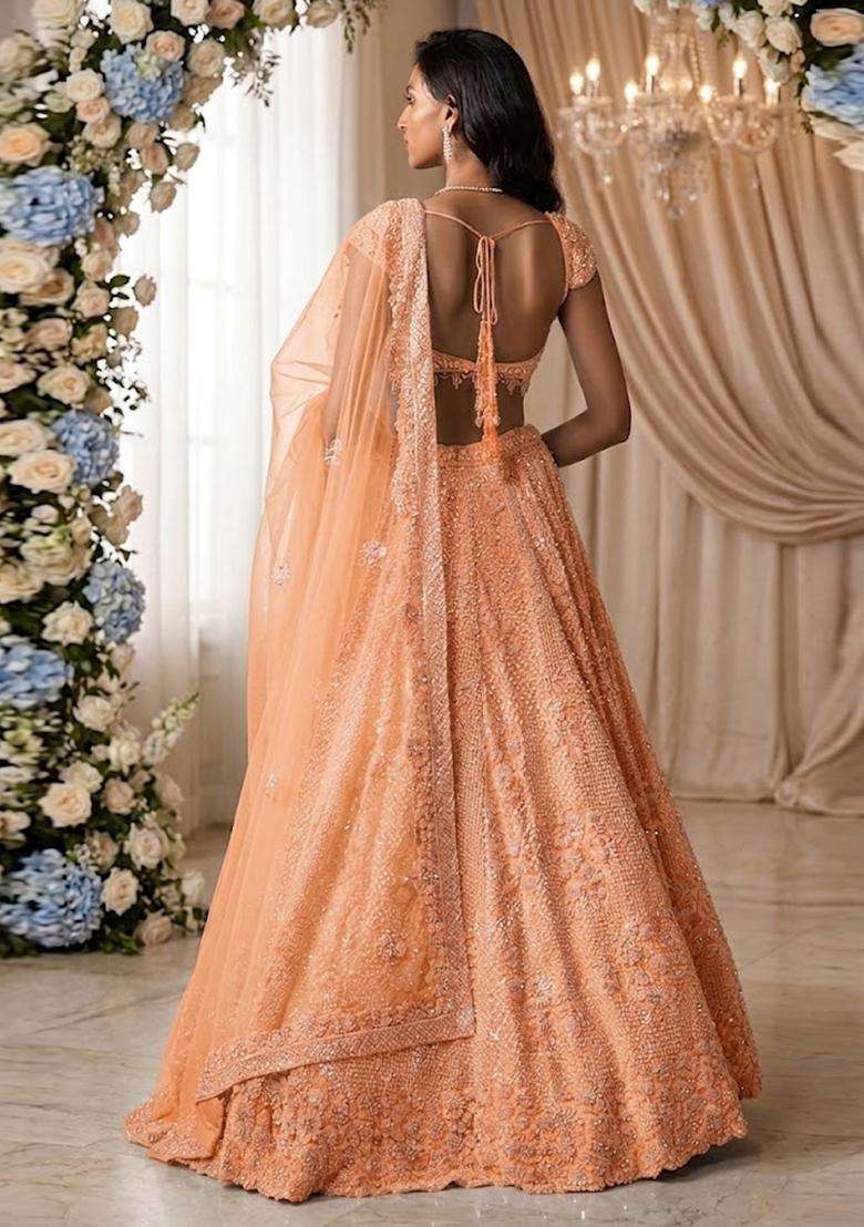 Peach  Embroidered Bridal Lehenga Set - Indya