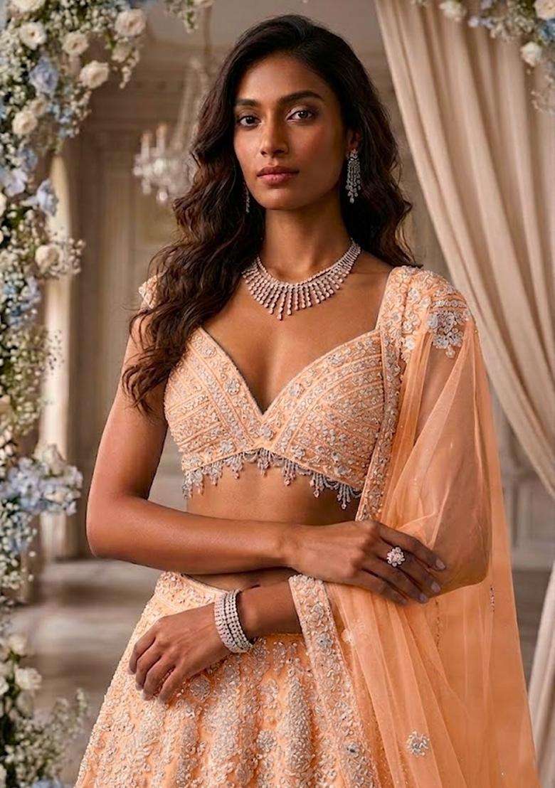 Peach  Embroidered Bridal Lehenga Set - Indya