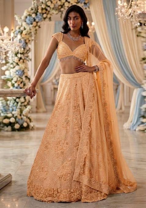 Peach Embroidered Bridal Lehenga Set — view on Indya