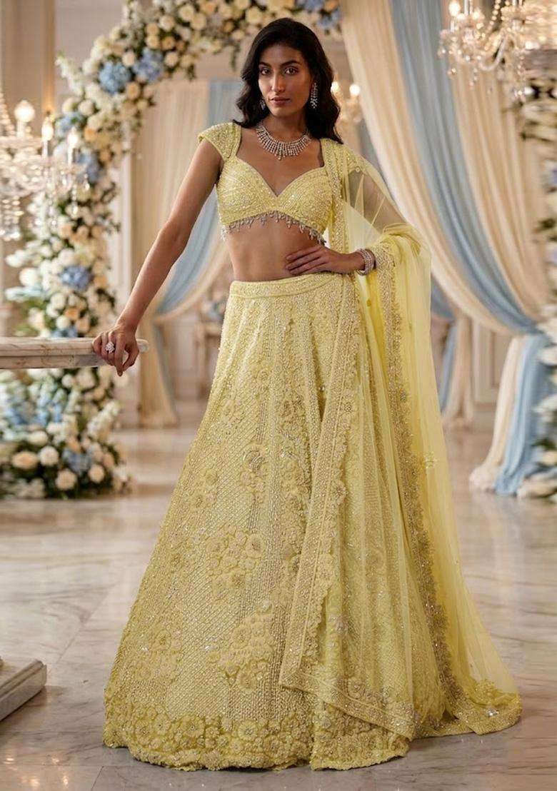 Pastel Yellow Embroidered Bridal Lehenga Set - Indya