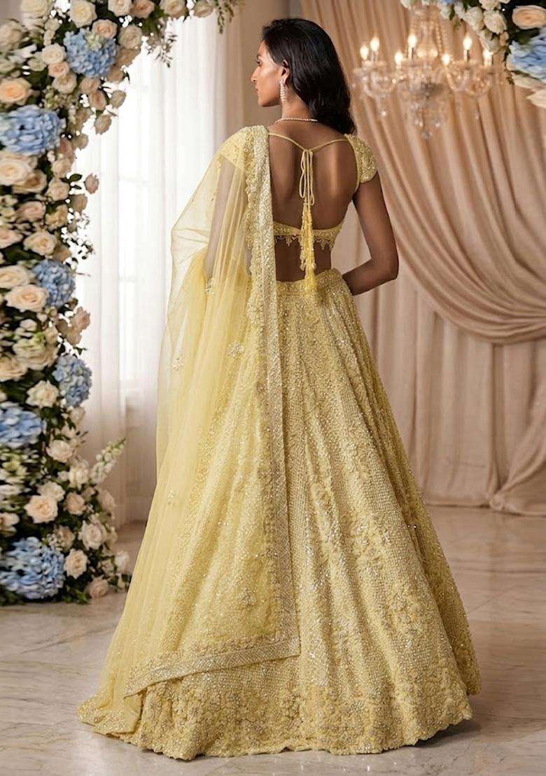 Pastel Yellow Embroidered Bridal Lehenga Set - Indya