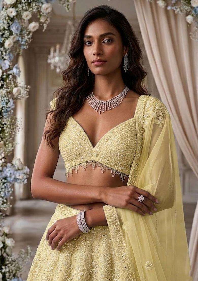 Pastel Yellow Embroidered Bridal Lehenga Set - Indya