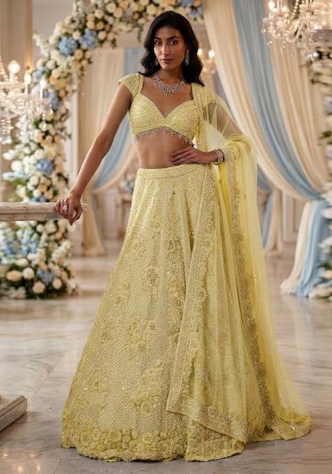 Pastel Yellow Embroidered Bridal Lehenga Set — view on Indya