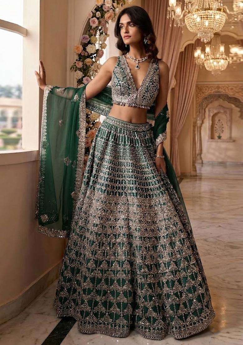 Emerald Green Embroidered Bridal Lehenga Set - Indya