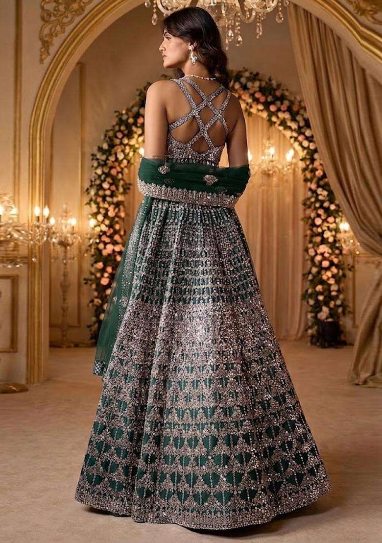 Emerald Green Embroidered Bridal Lehenga Set - Indya