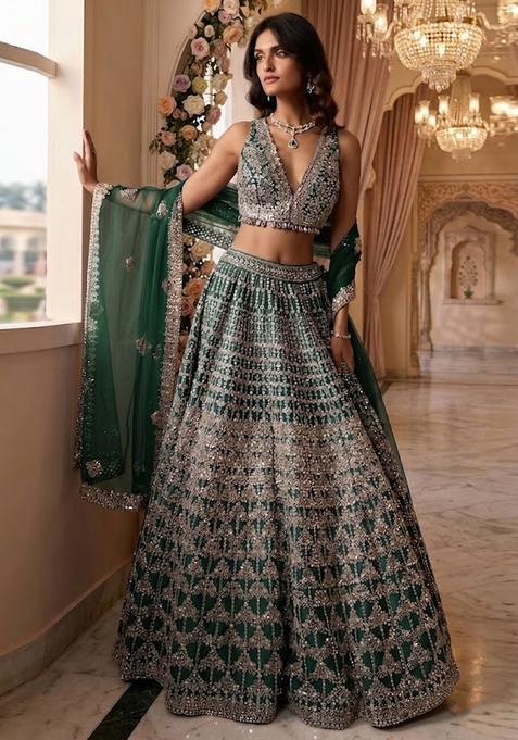 Emerald Green Embroidered Bridal Lehenga Set — view on Indya