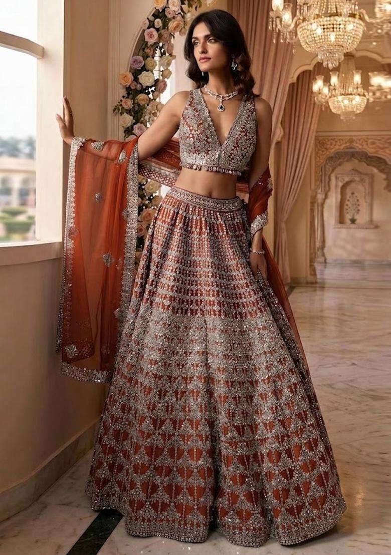 Dusty Orange Embroidered Bridal Lehenga Set - Indya