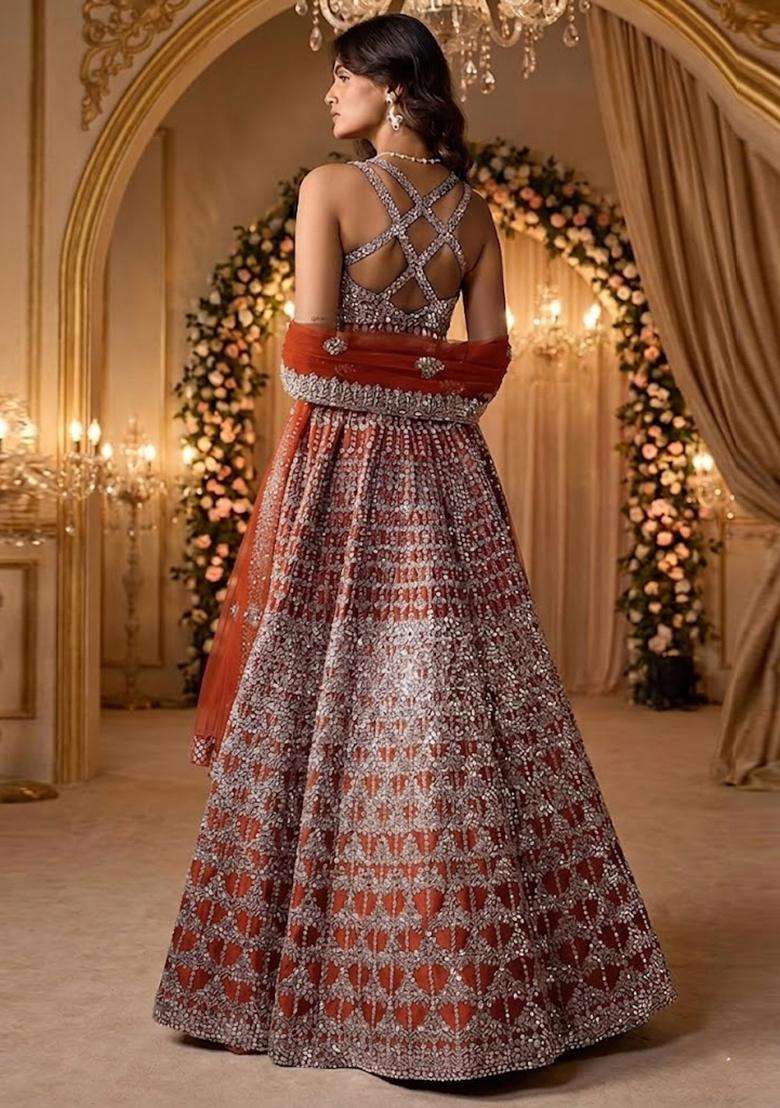 Dusty Orange Embroidered Bridal Lehenga Set - Indya