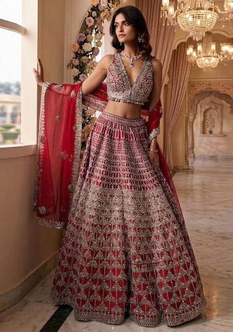 Red Embroidered Bridal Lehenga Set — view on Indya