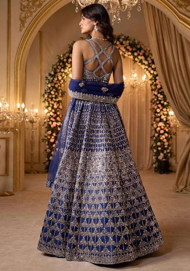 Blue Embroidered Bridal Lehenga Set - Indya