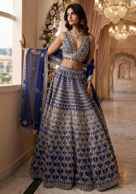 Blue Embroidered Bridal Lehenga Set — view on Indya