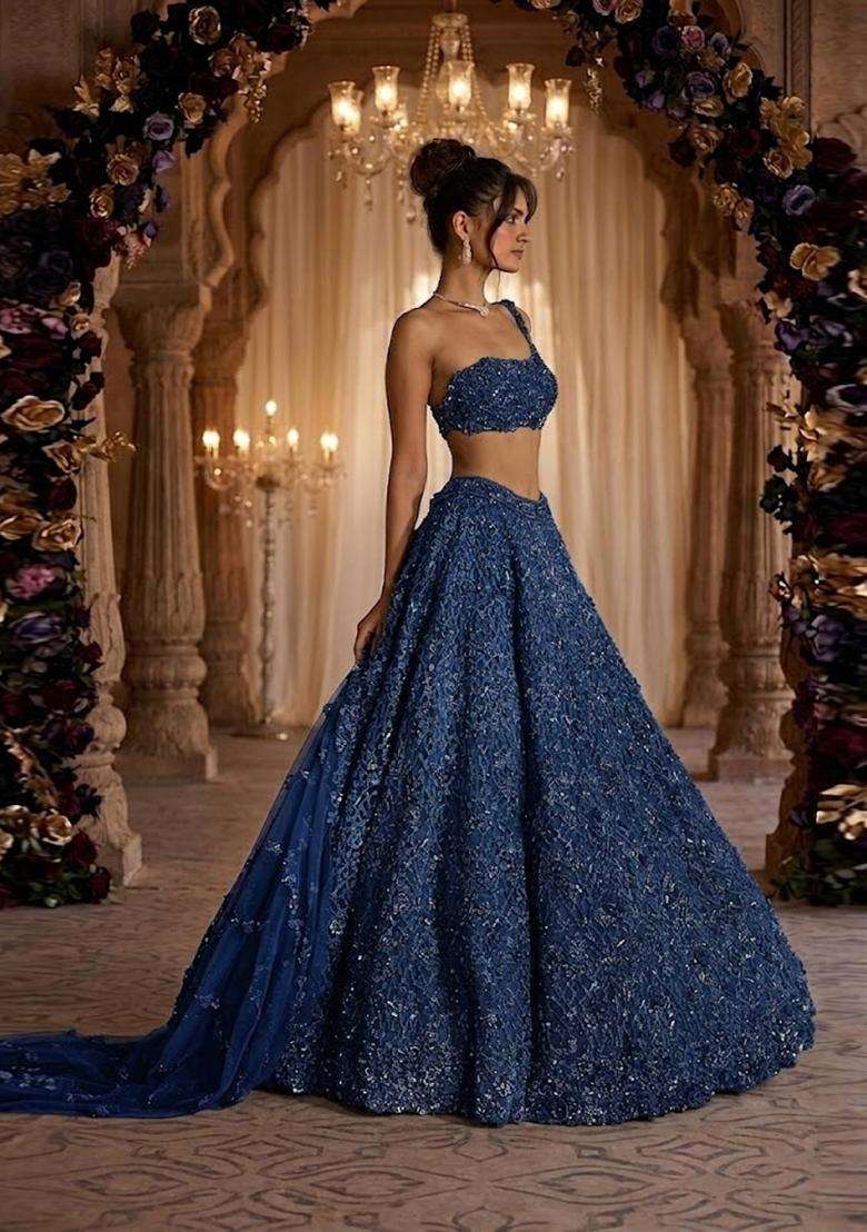 Navy Blue Embroidered Bridal Lehenga Set - Indya