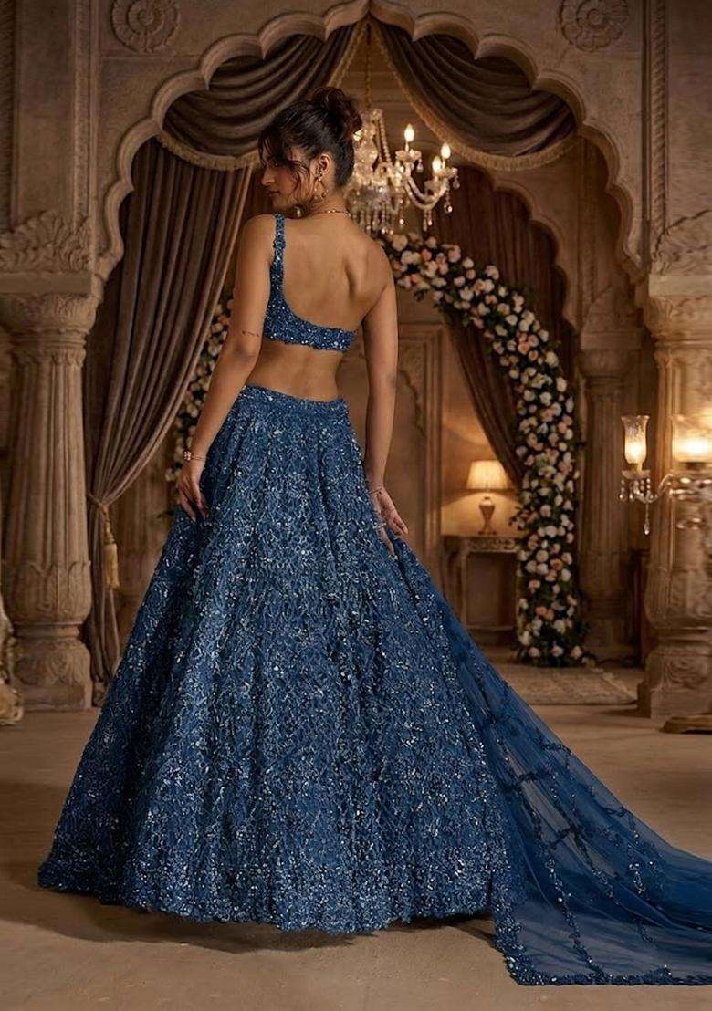 Navy Blue Embroidered Bridal Lehenga Set - Indya