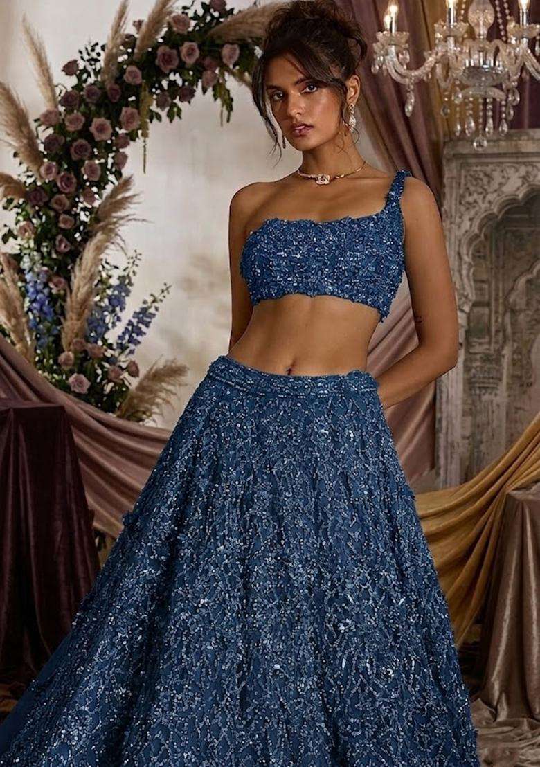 Navy Blue Embroidered Bridal Lehenga Set - Indya