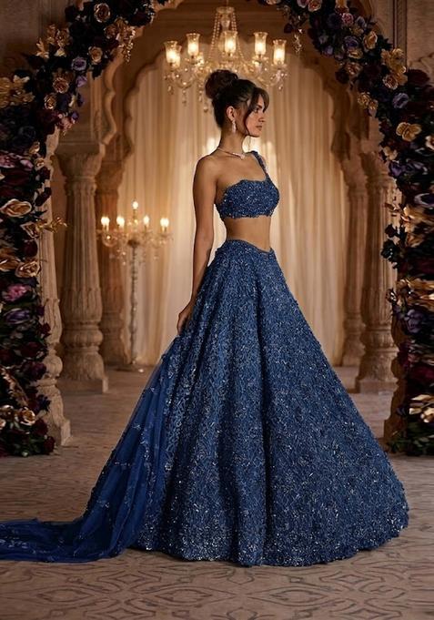 Navy Blue Embroidered Bridal Lehenga Set — view on Indya