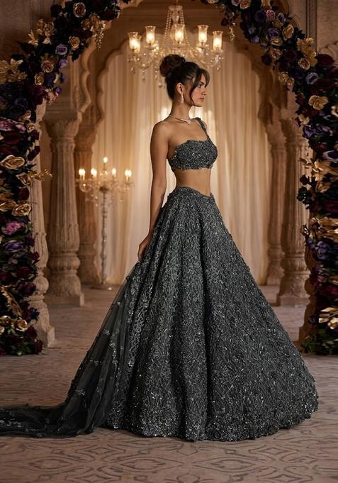 Black Embroidered Bridal Lehenga Set — view on Indya