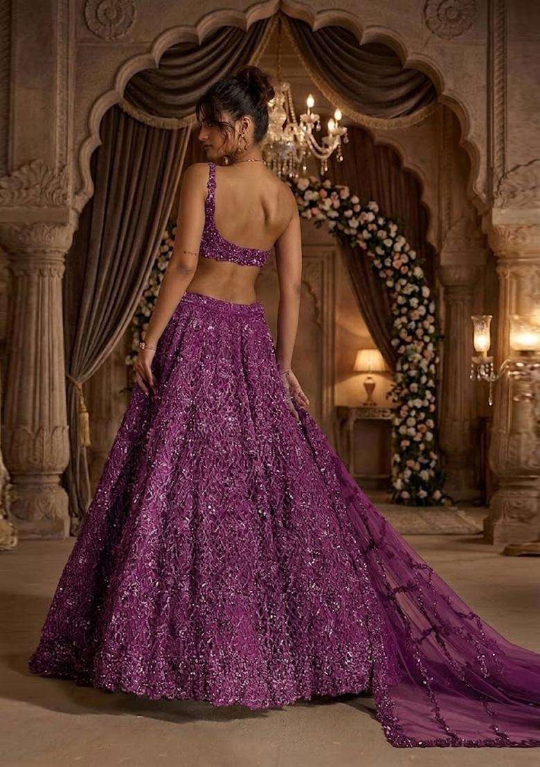 Purple Embroidered Bridal Lehenga Set - Indya