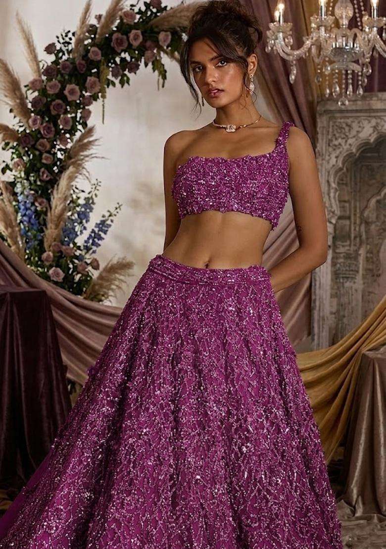 Purple Embroidered Bridal Lehenga Set - Indya