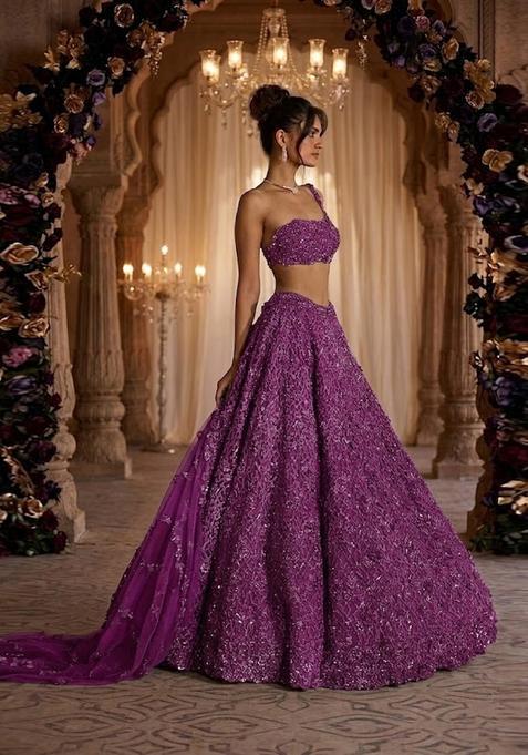 Purple Embroidered Bridal Lehenga Set — view on Indya