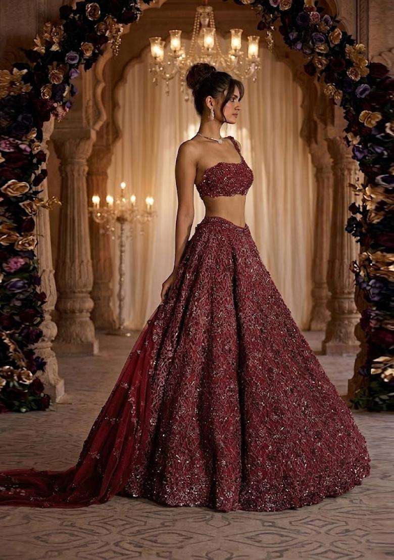 Deep Red Embroidered Bridal Lehenga Set - Indya