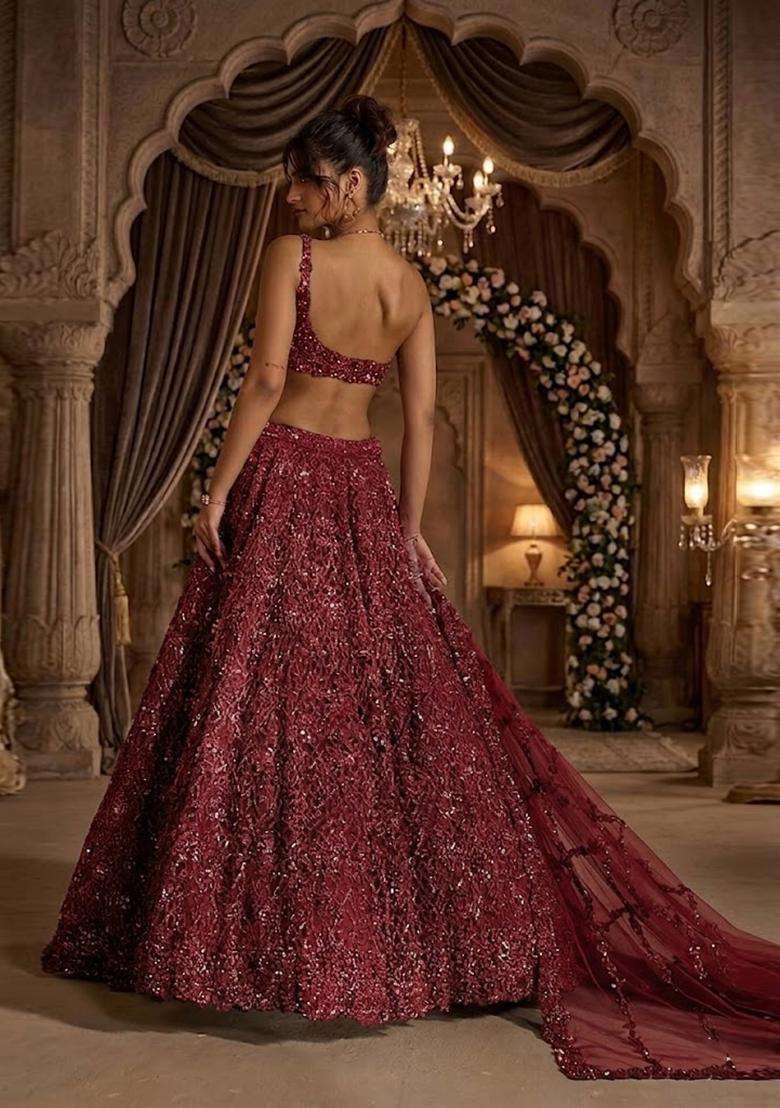 Deep Red Embroidered Bridal Lehenga Set - Indya