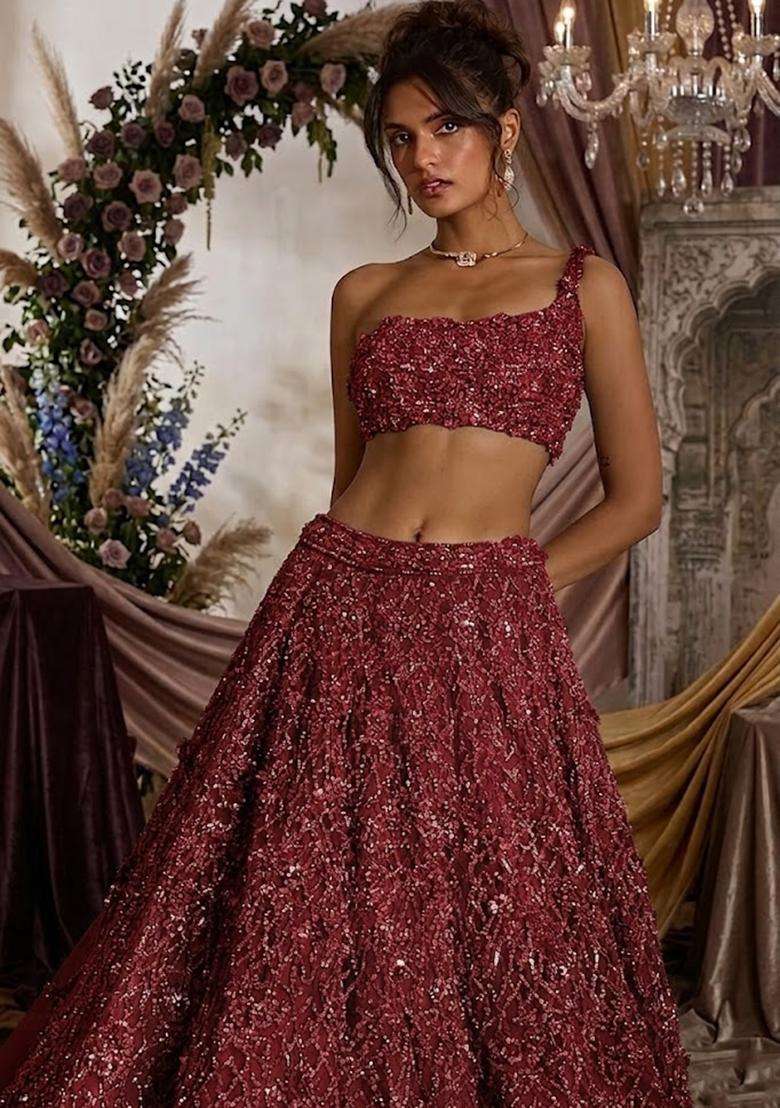 Deep Red Embroidered Bridal Lehenga Set - Indya