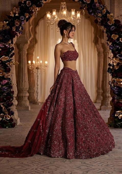 Deep Red Embroidered Bridal Lehenga Set — view on Indya