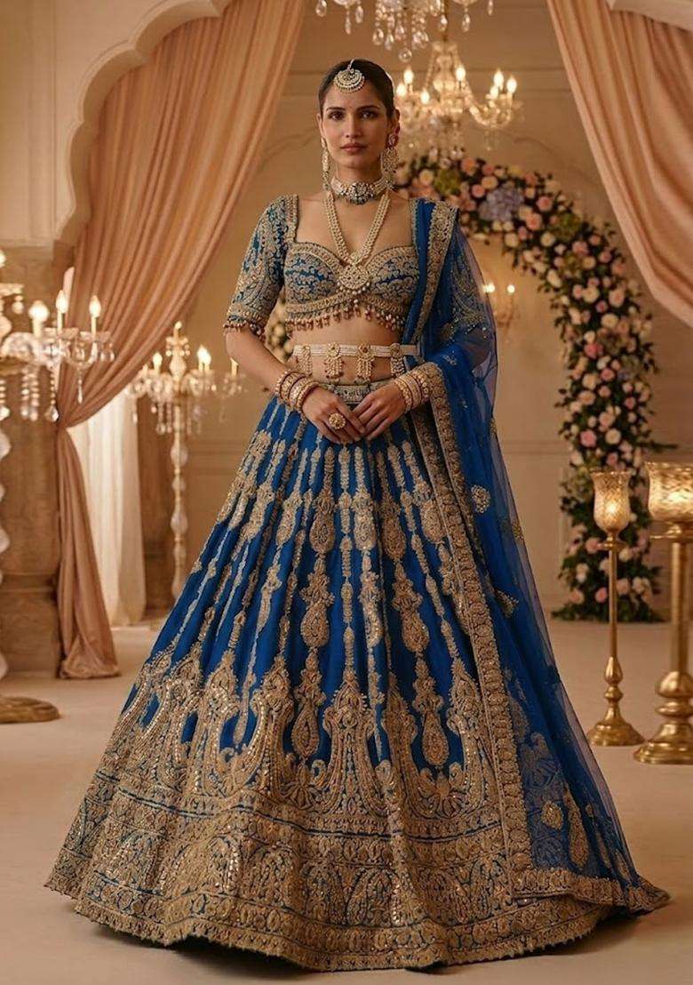 Royal Blue Embroidered Bridal Lehenga Set - Indya