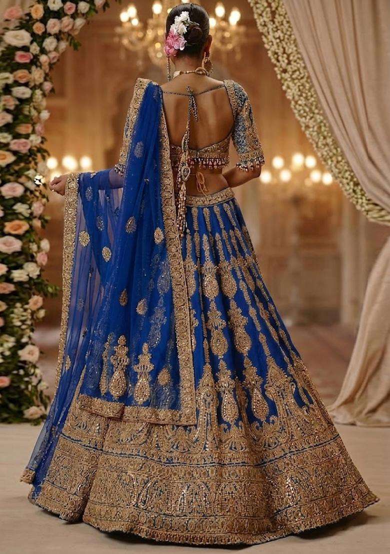 Royal Blue Embroidered Bridal Lehenga Set - Indya