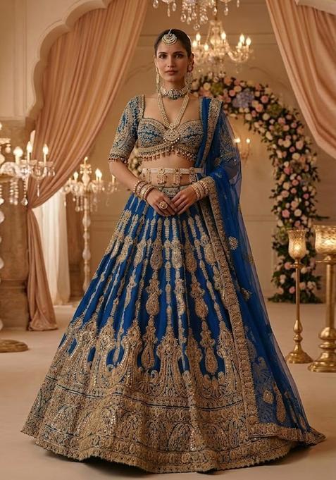 Royal Blue Embroidered Bridal Lehenga Set — view on Indya