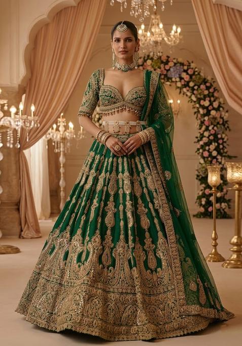 Dark Green Embroidered Bridal Lehenga Set — view on Indya