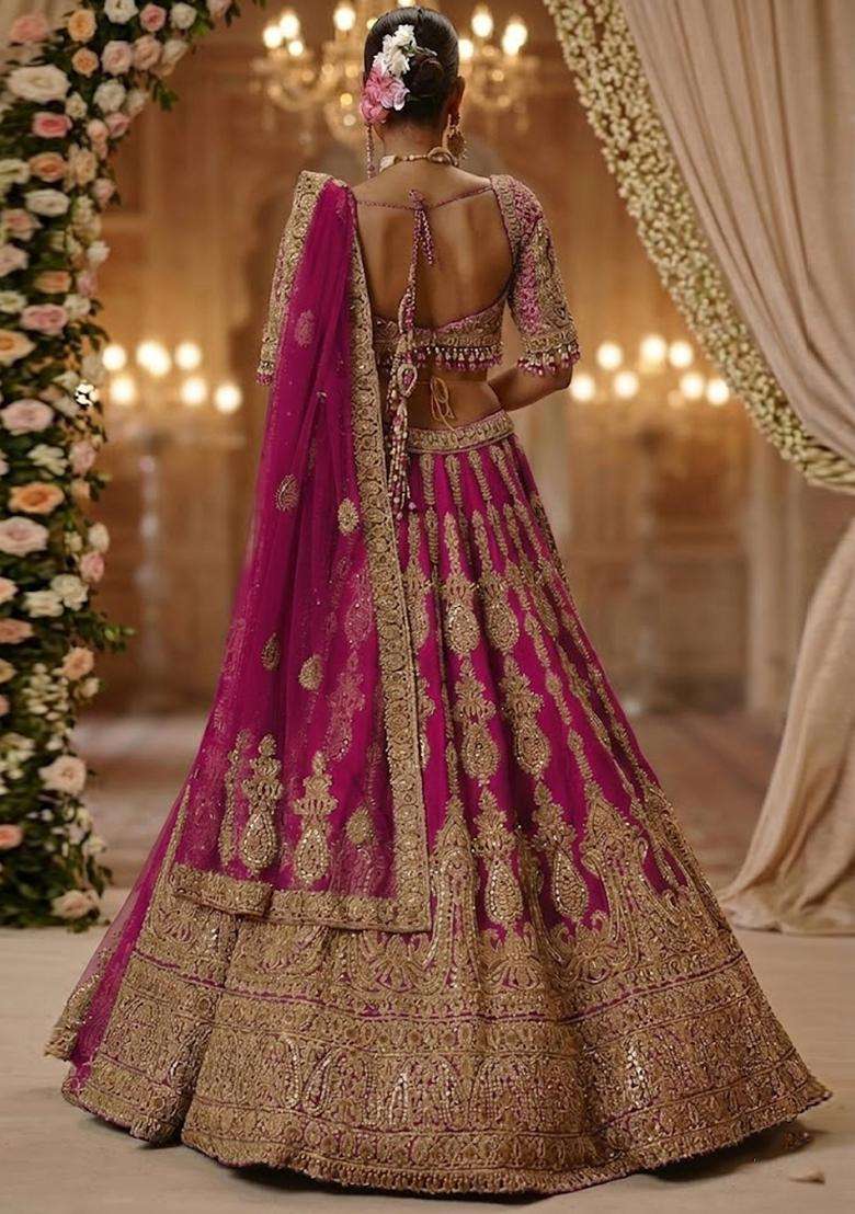 Royal Pink Embroidered Bridal Lehenga Set - Indya
