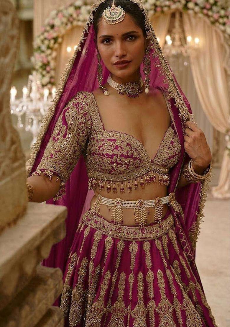 Royal Pink Embroidered Bridal Lehenga Set - Indya