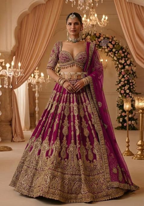 Royal Pink Embroidered Bridal Lehenga Set — view on Indya