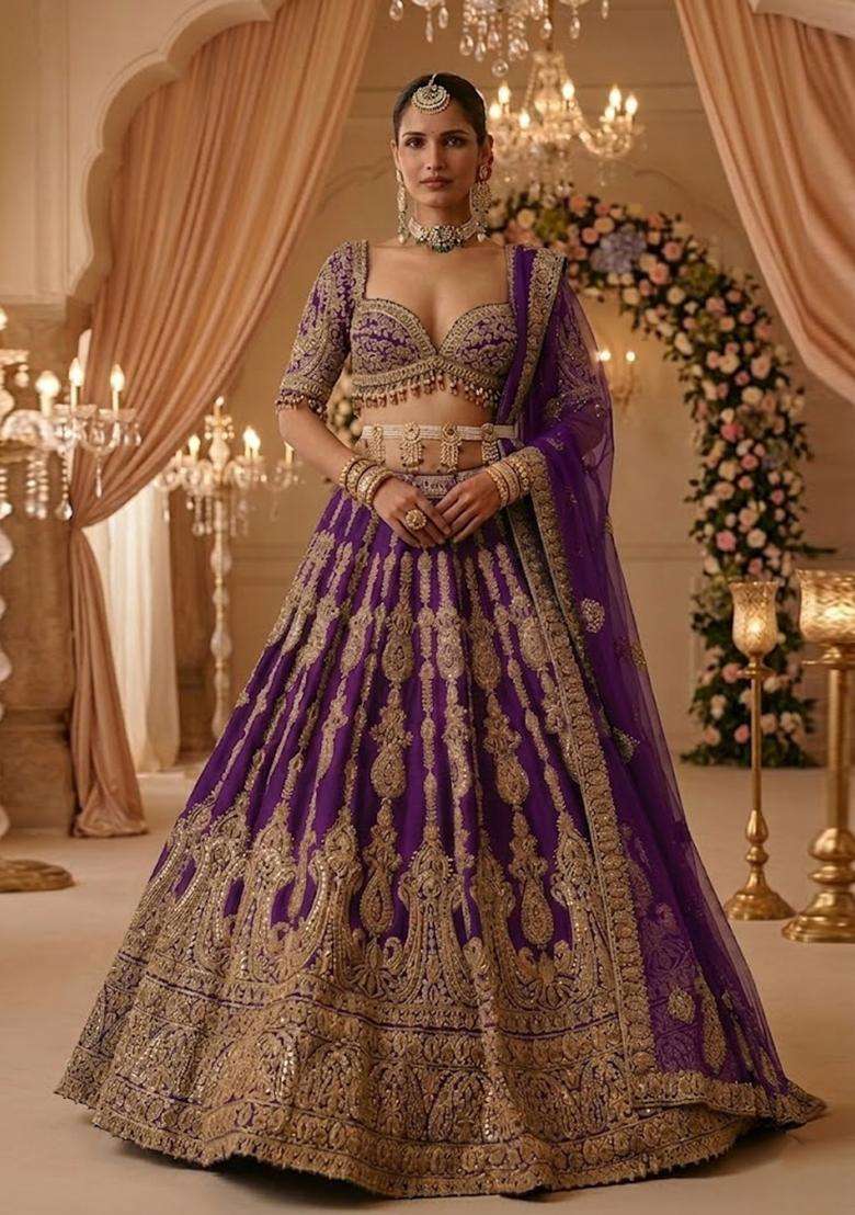 Purple Embroidered Bridal Lehenga Set - Indya