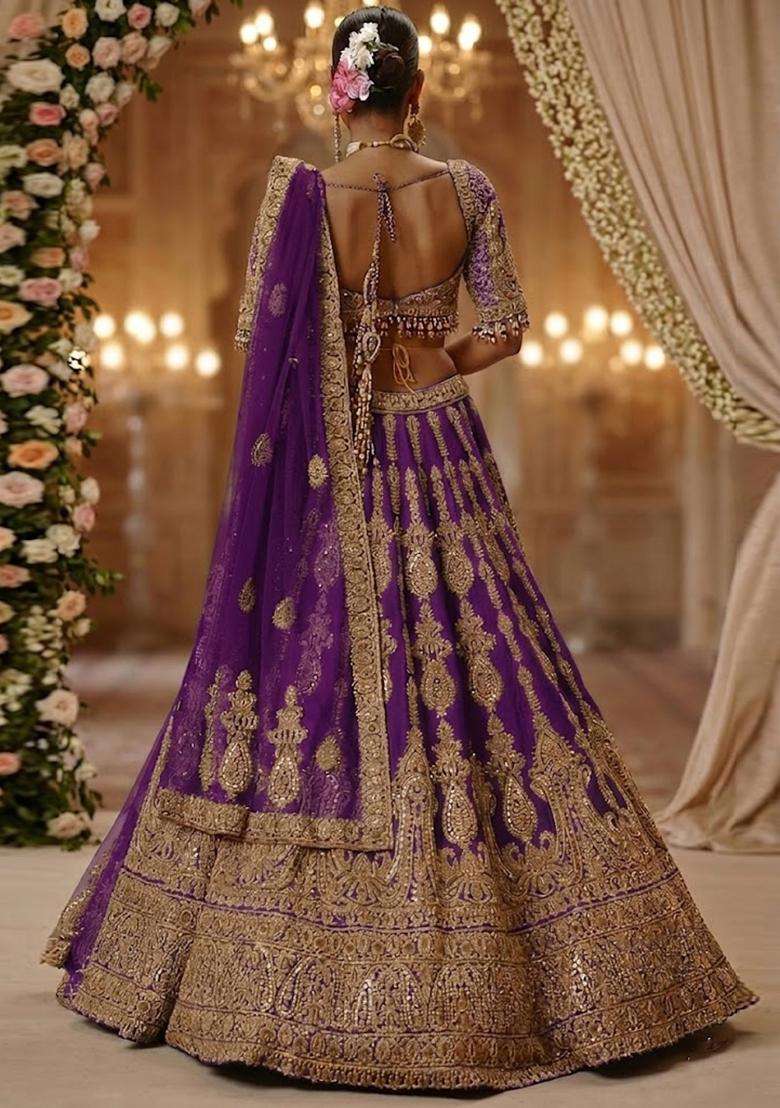 Purple Embroidered Bridal Lehenga Set - Indya