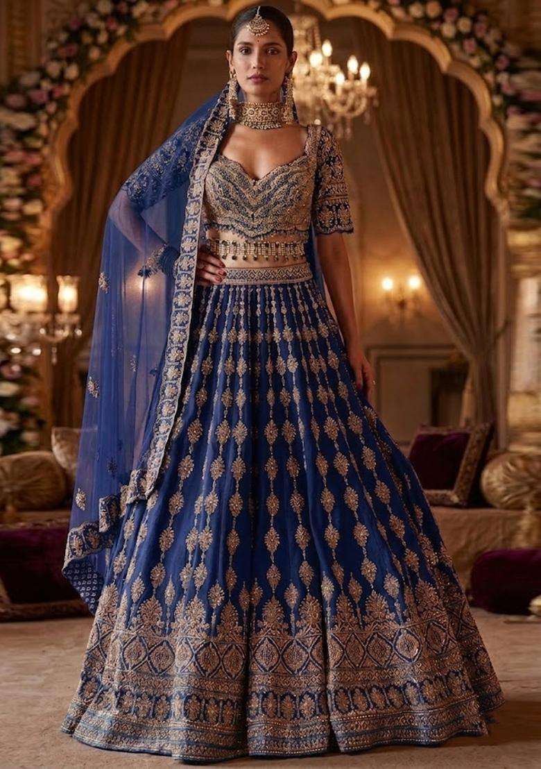 Navy Blue Embroidered Bridal Lehenga Set - Indya