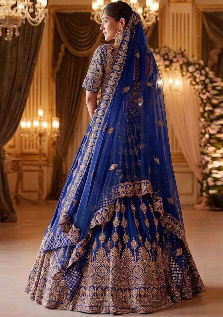 Navy Blue Embroidered Bridal Lehenga Set - Indya