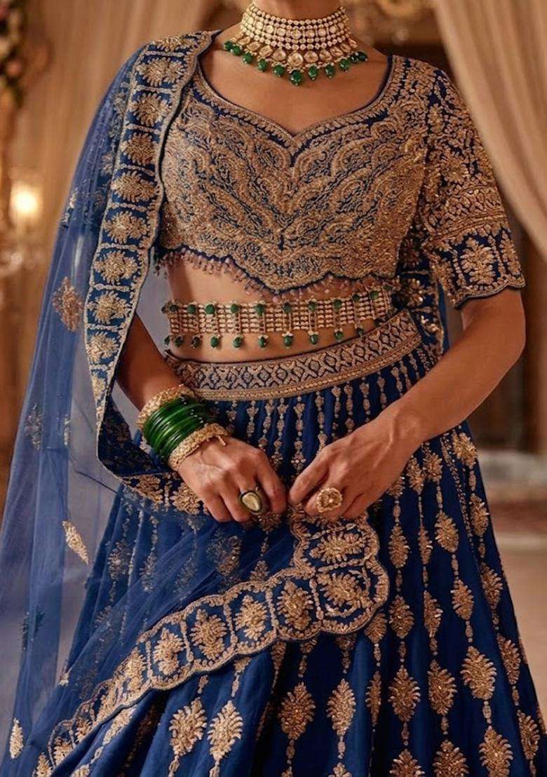 Navy Blue Embroidered Bridal Lehenga Set - Indya