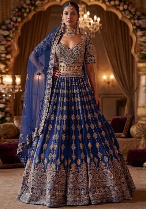 Navy Blue Embroidered Bridal Lehenga Set — view on Indya