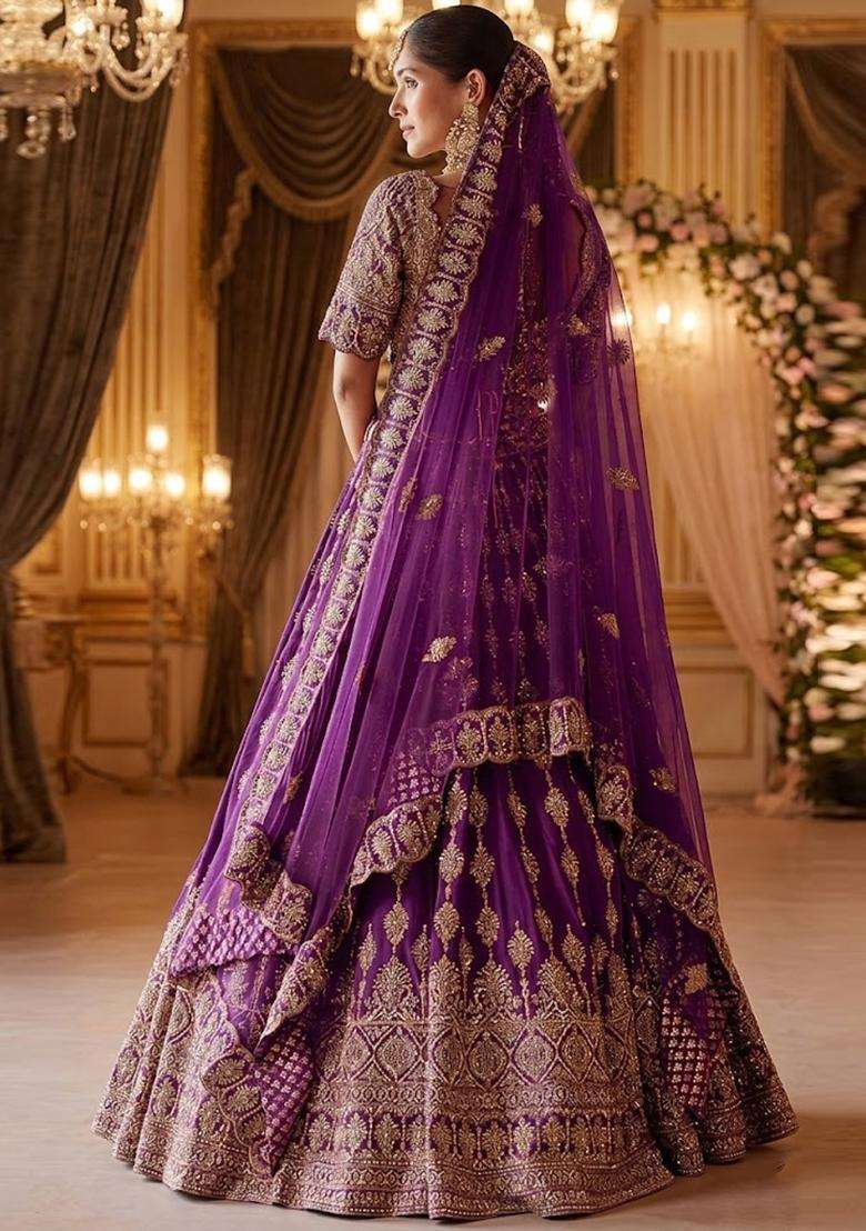 Purple Embroidered Bridal Lehenga Set - Indya