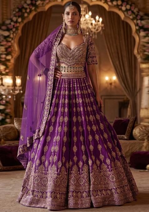 Purple Embroidered Bridal Lehenga Set — view on Indya
