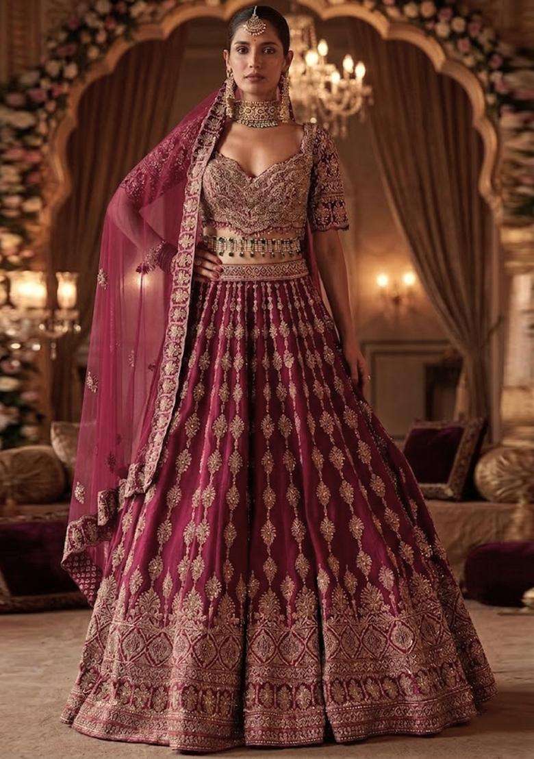 Deep Wine Embroidered Bridal Lehenga Set - Indya